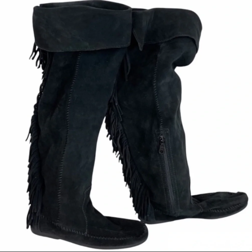 Vintage Suede Boots Black Fringe Knee High Tall Y2K Minnetonka Indian Moccasins